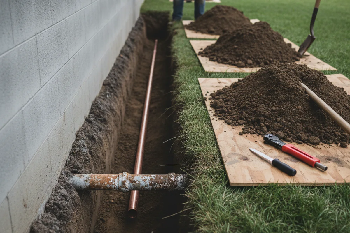 Excavated water line trench during Water Softener Installation in Waianae
